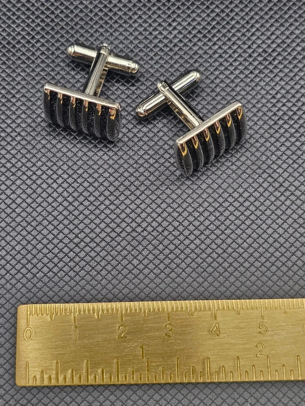 Men's Black and Silver Rectangular Cufflinks with Ribbed Design